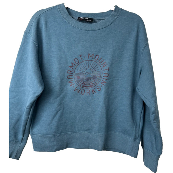 Marmot Women's M Mountain works Crew Neck sweatshirt Blue Fleece Lined A48 - Picture 1 of 6